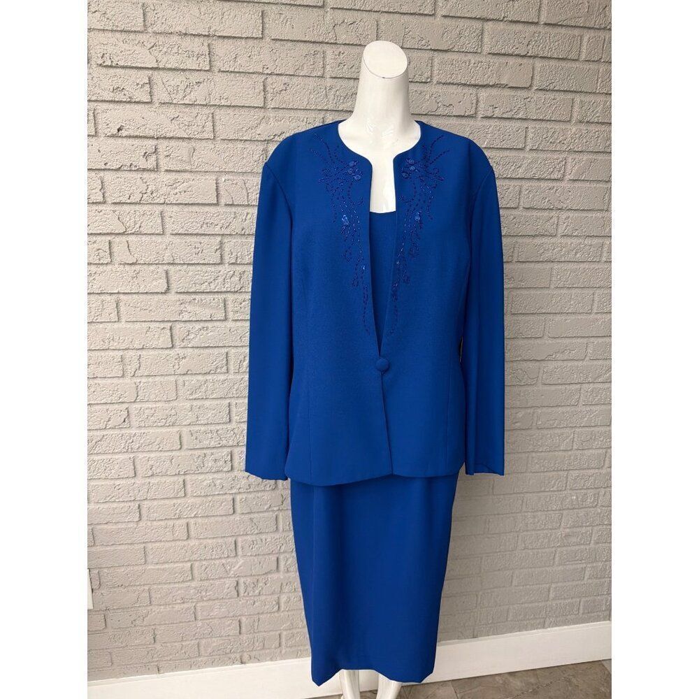 Karen Miller Women’s Royal Blue Beaded Rosette Dress Jacket Set Size XL